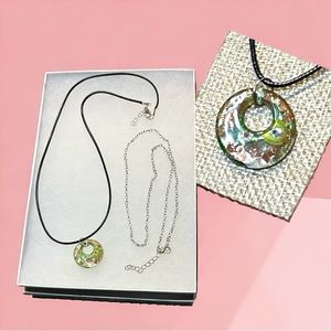 New in box! Italian glass pendant with two chains!  Greens, bronze & gold tones